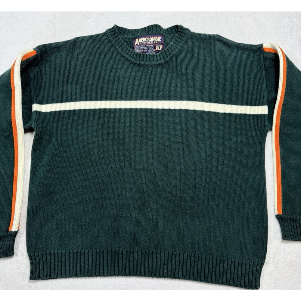Abercrombie Performance Sweater Green Striped Cotton Sz L Lg VTG Made Hong Kong